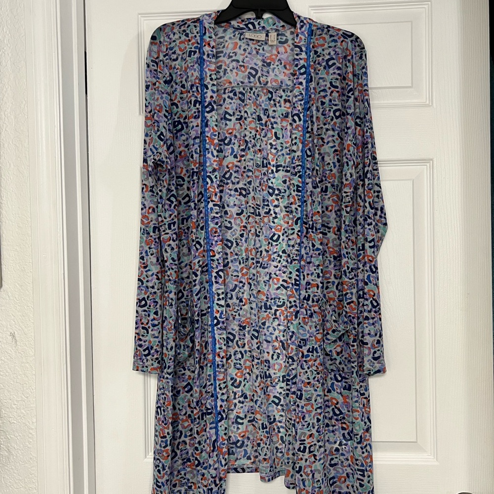 LOGO by Lori Goldstein Multicolor Patterned Cardigan Top Or Cover Up.